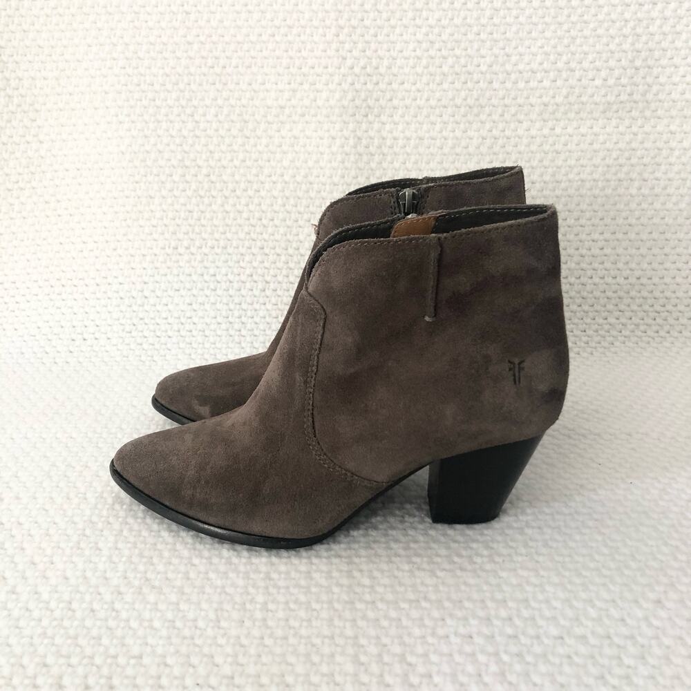 Frye JENNIFER Brown Grey Suede Pointed Stacked Heel Dress Ankle Boots 6 - Picture 4 of 12